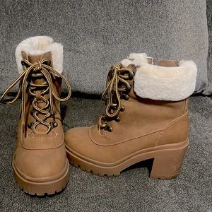 Torrid Brown Heeled Fur Hiker Boots